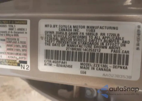 2004 Toyota Corolla Le z USA, uszkodzony, nr VIN 2T1BR38E14C253212